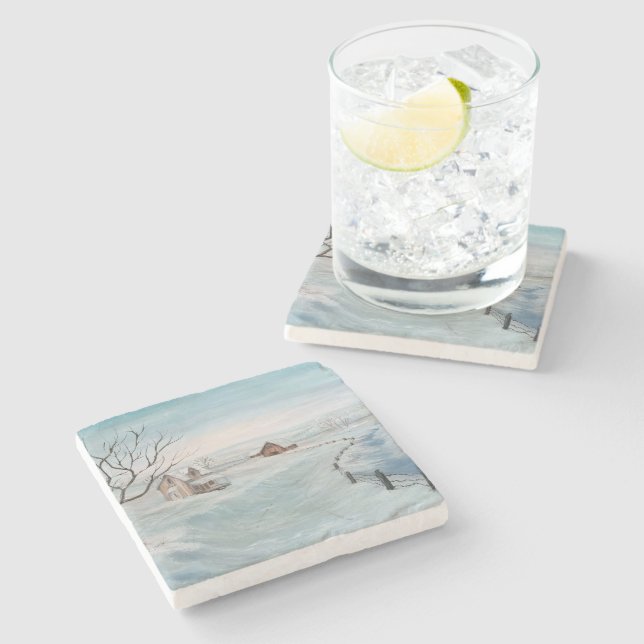 Winter Farmhouse Painting by Sherry Shedenhelm Stone Coaster (Side)