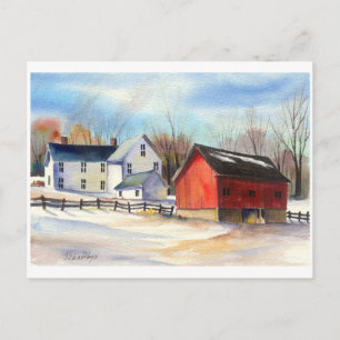 Winter Farmhouse & Red Barn Postcard