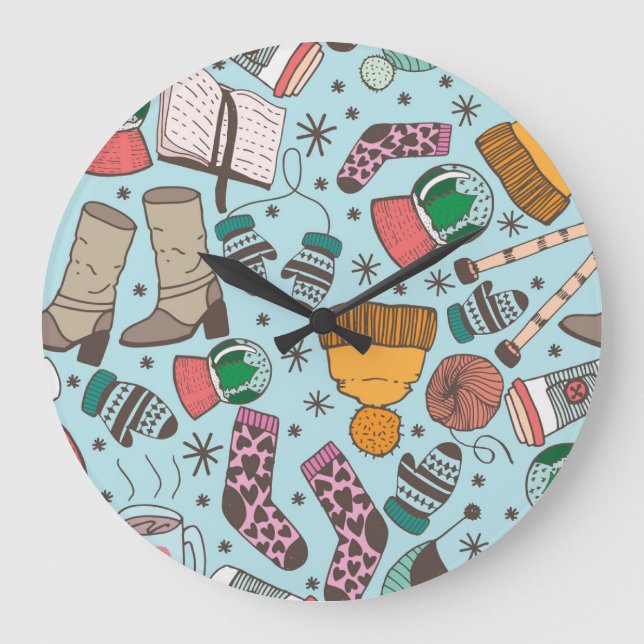 Winter Fashion Doodle Sketch Pattern Large Clock (Front)