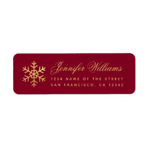 Winter Faux Gold Snowflake Elegant Script Burgundy Return Address Label