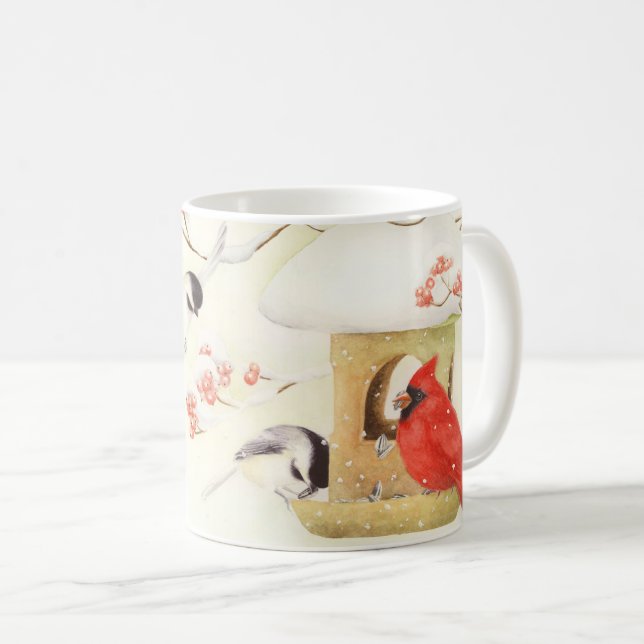 Winter Feeder Cardinal and Chickadees Mug (Front Right)