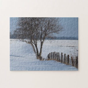 Winter Fence Row & Trees Scene Photo Jigsaw Puzzle