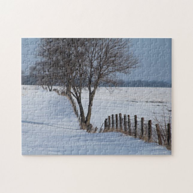 Winter Fence Row & Trees Scene Photo Jigsaw Puzzle (Horizontal)