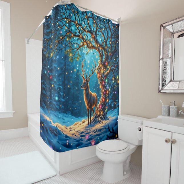 Winter festive cute deer Christmas forest  Shower Curtain (In Situ)
