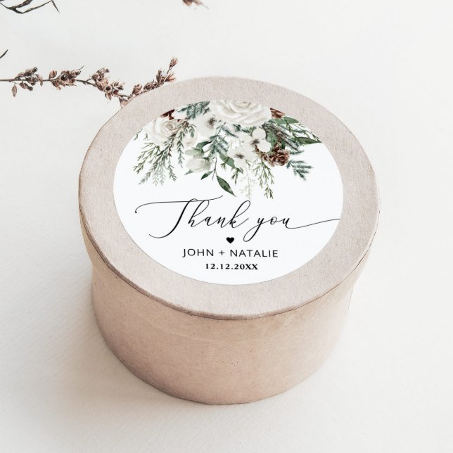 Winter festive foliage evergreen wedding classic round sticker (Creator Uploaded)