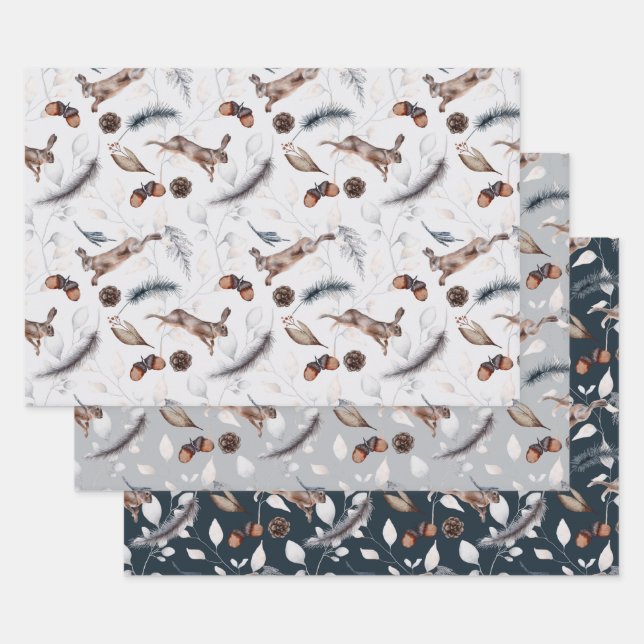 Winter Festive Rabbits Wrapping Paper Sheet (Set)
