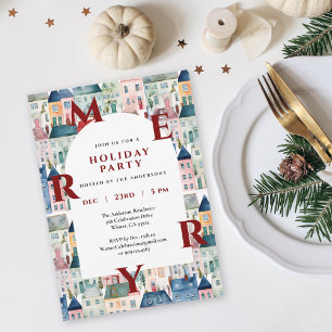 Winter festive Village Red Merry Christmas Party Invitation