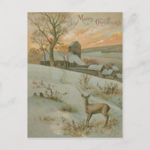 Winter Field Deer Church Snow Postcard