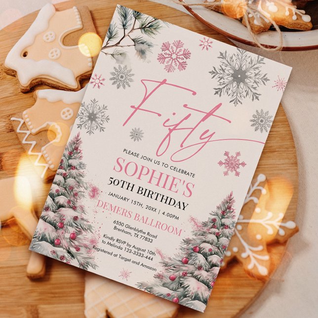 Winter Fifty Birthday Invitation, Pink and Silver Invitation (Creator Uploaded)