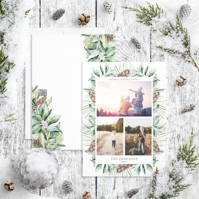 Winter Fir Cone Greenery 3 Photo Holiday Card (Creator Uploaded)