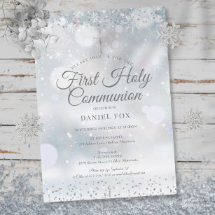 Winter First Holy Communion Silver Confetti Invitation