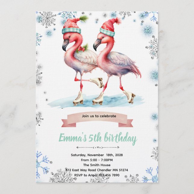 Winter Flamingo Ice Skating invitation (Front)