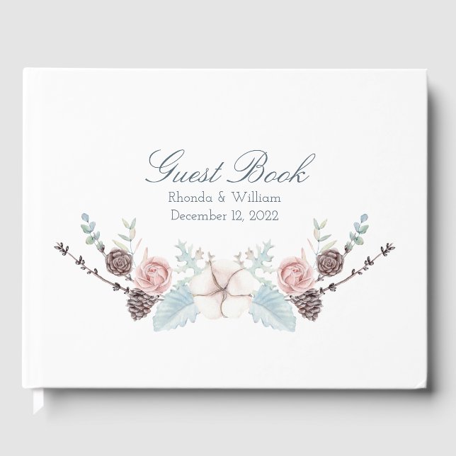 Winter floral and Foliage Watercolor Wedding Guest Book (Front)