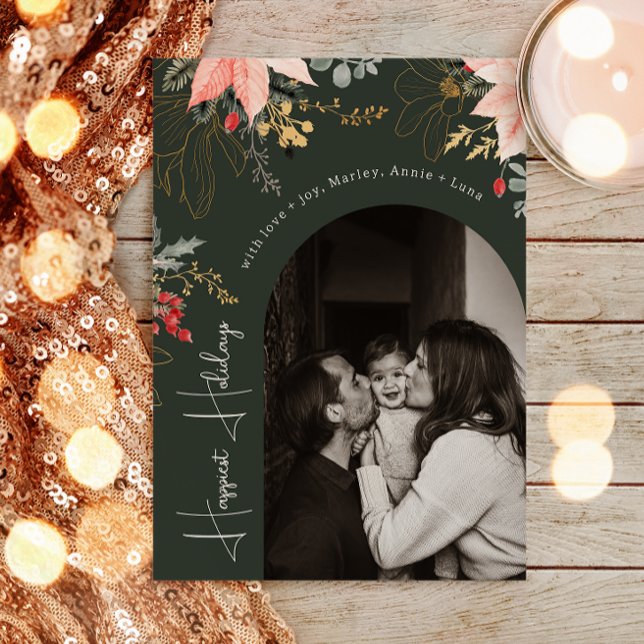 Winter Floral Arch Green Happiest Holidays Photo Holiday Card (Creator Uploaded)