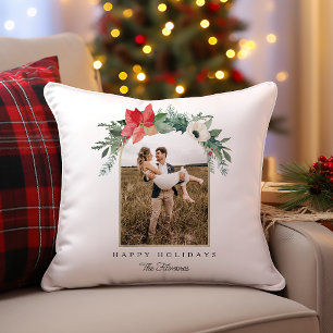 Winter Floral Arch Happy Holidays Photo Cushion