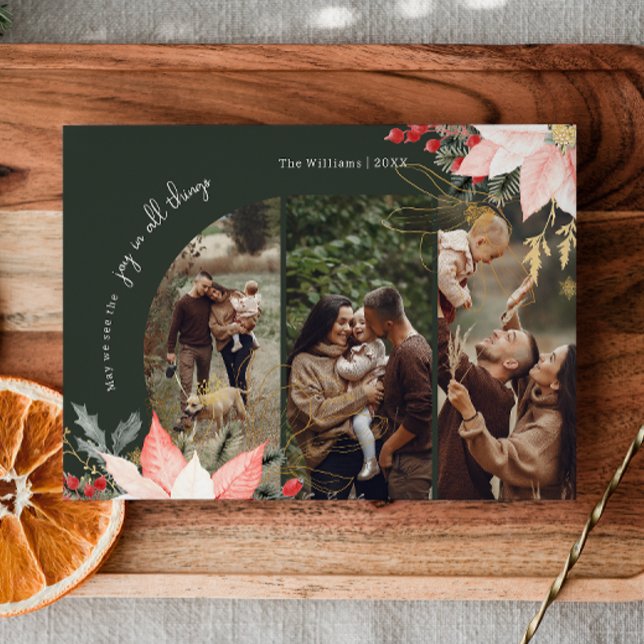 Winter Floral Arch Joy In All Things Three Photo Holiday Card (Creator Uploaded)