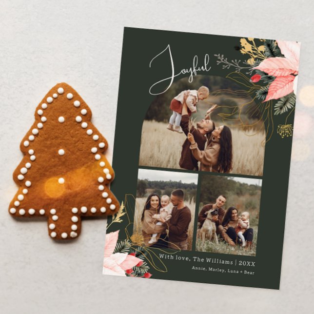 Winter Floral Arch Joyful Three Photo Christmas Holiday Card (Creator Uploaded)