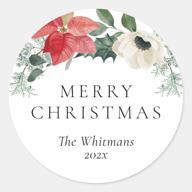 Winter Floral Arch Merry Christmas Classic Round Sticker (Front)