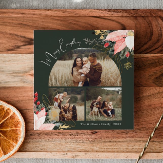 Winter Floral Arch Merry Everything Three Photo Holiday Card (Creator Uploaded)