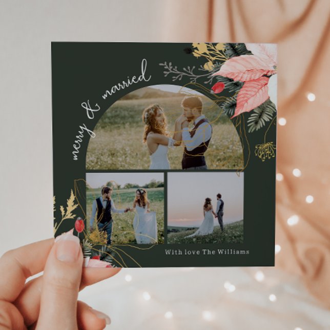 Winter Floral Arch Merry & Married Three Photo Holiday Card (Creator Uploaded)