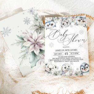 Winter Floral Arctic Animals Baby Shower Invitation