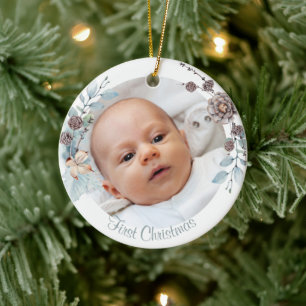 Winter Floral Baby's First Christmas Photo Ceramic Ceramic Ornament