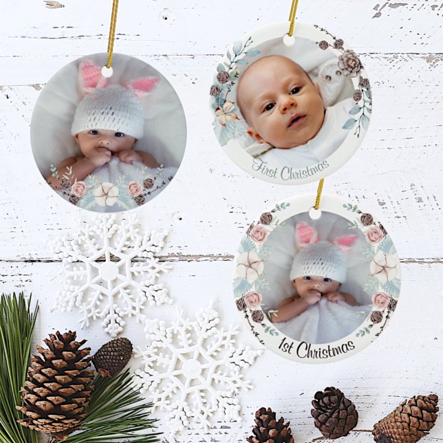 Winter Floral Baby's First Christmas Photo Ceramic Ornament (Creator Uploaded)