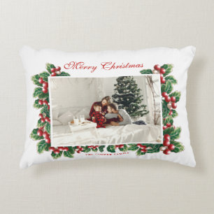 Winter Floral Berries Christmas Family Photo Decorative Cushion