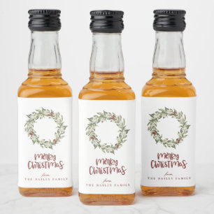 Winter Floral Berry Wreath Christmas Liquor Bottle Label