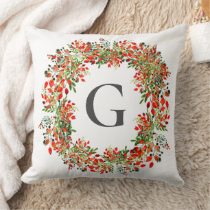 Winter Floral Berry Wreath Monogram Initial Cushion