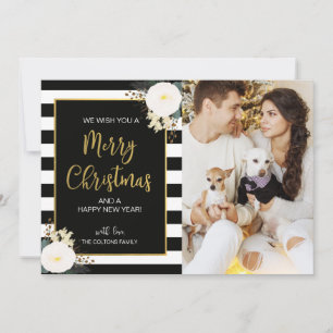 Winter Floral Black Stripe Christmas Photo Card