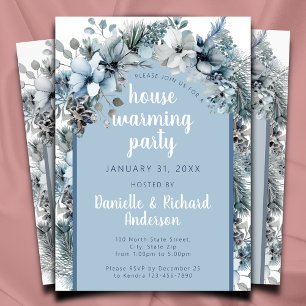 Winter Floral Blue Elegant House Warming Party Invitation