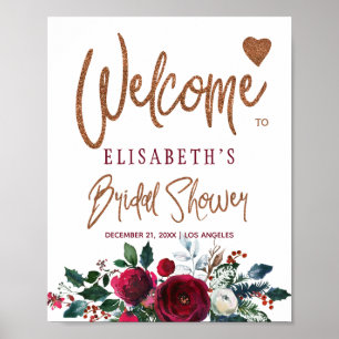 Winter floral burgundy bridal shower welcome sign