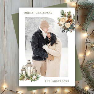 Winter Floral Candle Lantern Photo Merry Christmas Holiday Card