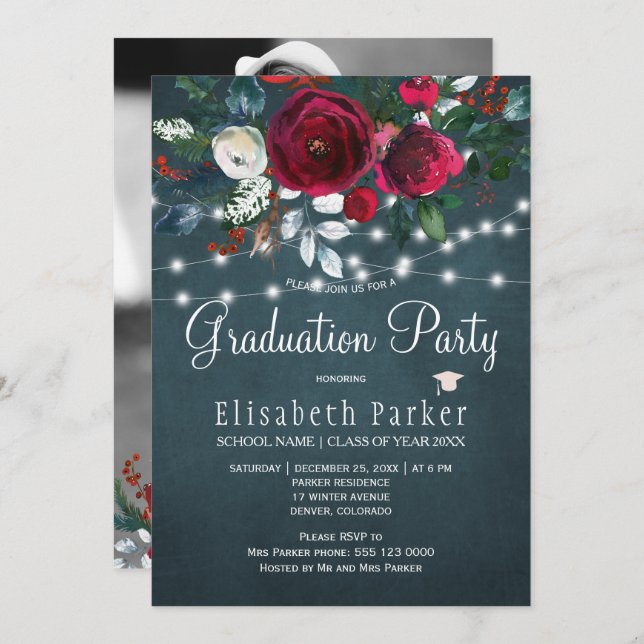 Winter floral chic burgundy PHOTO graduation party Invitation (Front/Back)