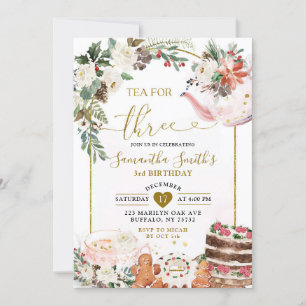 Winter Floral Christmas Tea Third Birthday Invitation
