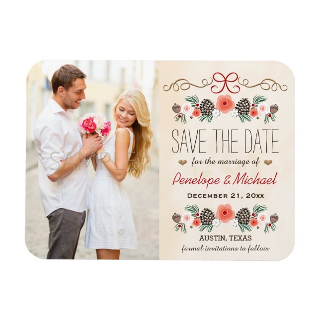 Winter Floral Christmas Wedding Save the Date Magnet (Horizontal)
