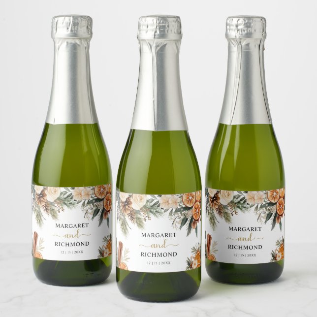 Winter Floral Christmas Wedding Sparkling Wine Label (Bottles)