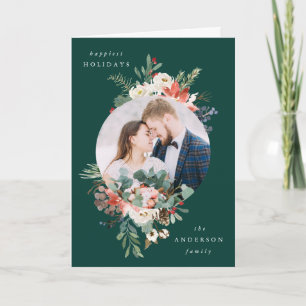 Winter Floral Circle Frame Holiday Greeting Card