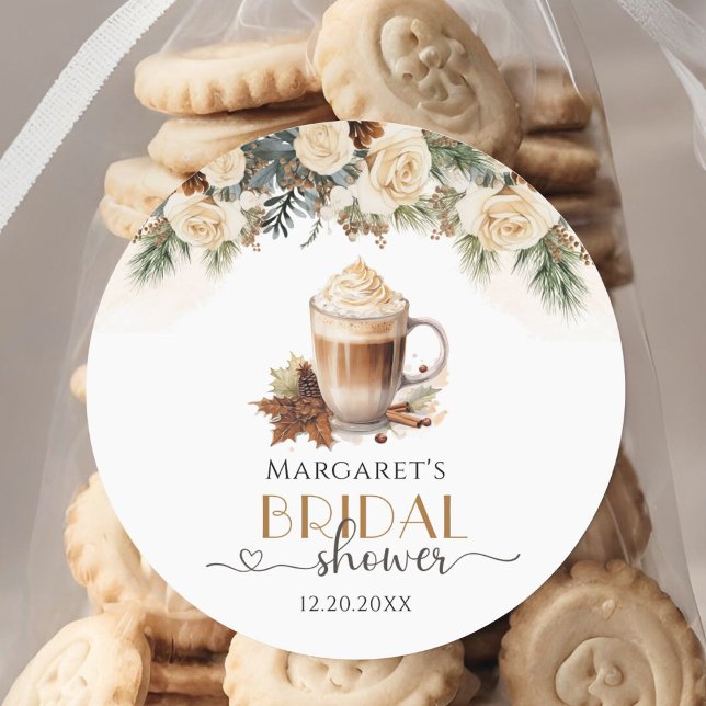 Winter Floral Coffee Bridal Shower Round Sticker (Creator Uploaded)