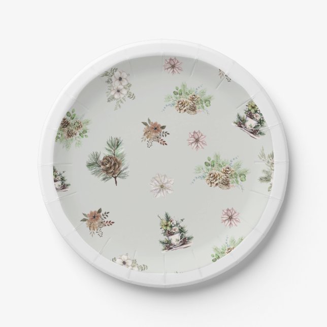 Winter Floral Elegant Green Rustic Baby Shower Paper Plate (Front)