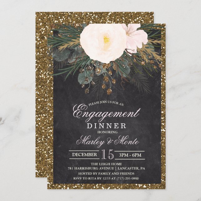 Winter Floral Engagement Dinner Invitation (Front/Back)