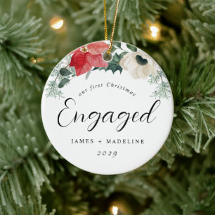 Winter Floral First Christmas Engaged Ceramic Ornament