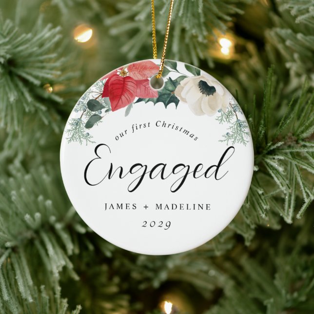 Winter Floral First Christmas Engaged Ceramic Ornament (Tree)