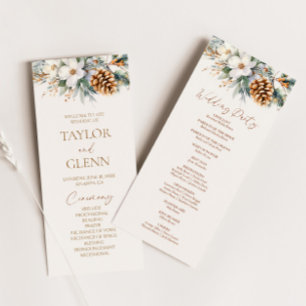 Winter Floral Flowers Pine Tree Cone Wedding Program
