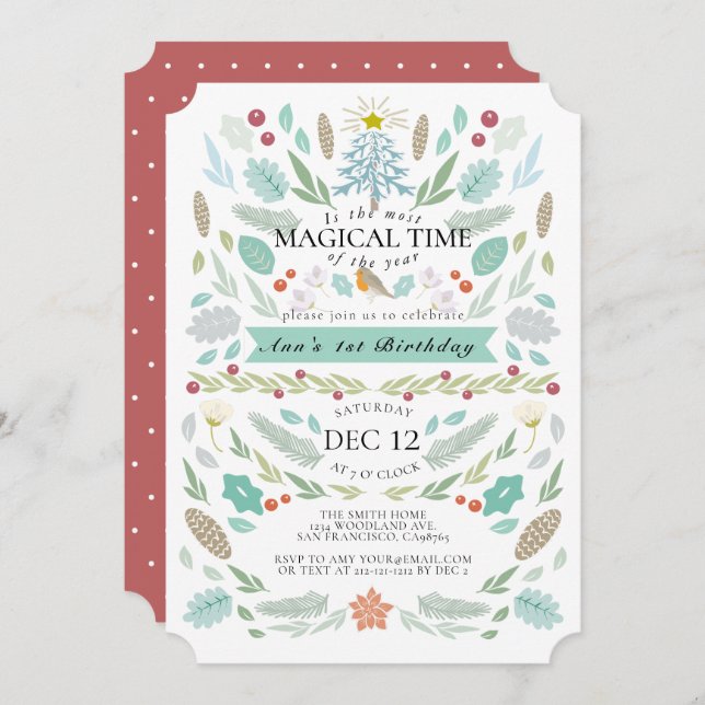 Winter Floral Foliage Chrismtas 1st Birthday Invitation (Front/Back)