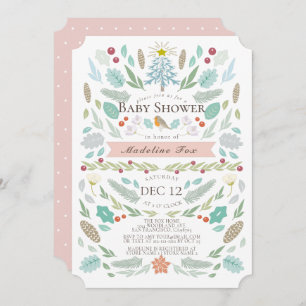 Winter Floral Foliage Holiday Pink Baby Shower Invitation