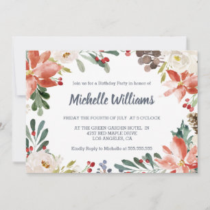Winter Floral Frame Berries leaves adult birthday Invitation