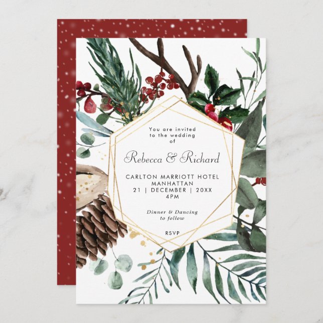 winter floral geometric wedding invitation (Front/Back)