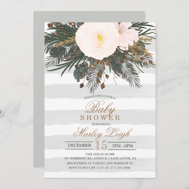 Winter Floral Glitter Baby Shower Invitation (Front/Back)